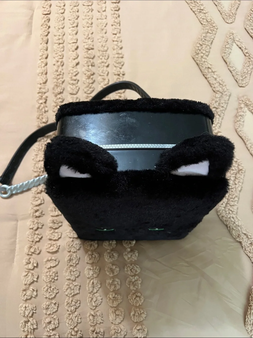 Black Plush Cat Crossbody Bag with Green Eyes -